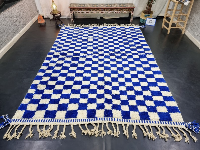 PRETTY BENIOURAIN RUG, Moroccan Rug, Sheep Wool Rug, Checkered Rug, Handwoven Rug, Sheep Wool Rug, Royal Blue Rug, Area Wool Rug, Winter Rug image 10