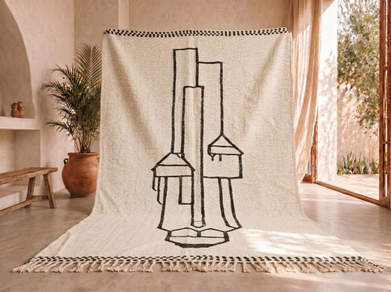 Handwoven Wool Kilim Rug, Ivory Black Figurative Berber Area Rug