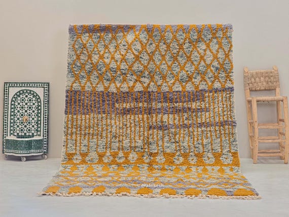 MOROCCAN BERBER RUG, Exquisite Beni Ourain Design, Mustard & Blue Geometric Pattern, Custom Wool Shag Carpet with Rich Handcrafted Texture