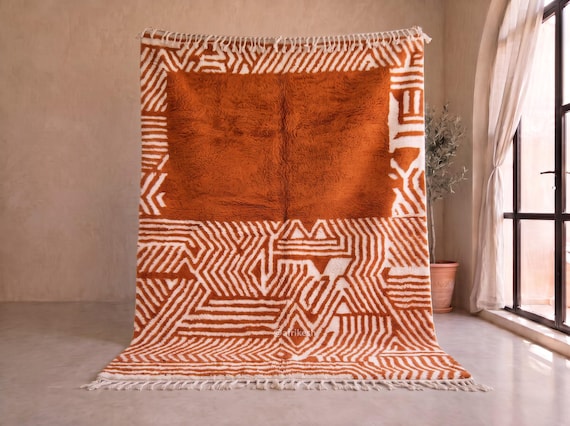 Plush Orange and Ivory Beni Ourain Rug - Handmade Moroccan Wool Rug - Bold Geometric Berber Area Rug for Dining Room | Afrikesh