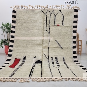 MOROCCAN WOOL RUG 8x9, Abstract Beni Ourain Rug, Hand Knotted Sage Green Rug, Berber Woven Area Rug. Modern Scandinavian Rug.