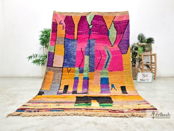 VINTAGE BOUJAAD RUG 5x8, Bright Colors Moroccan Rug, Handmade Berber Carpet, Abstract Moroccan Design, Wool Area Rug.