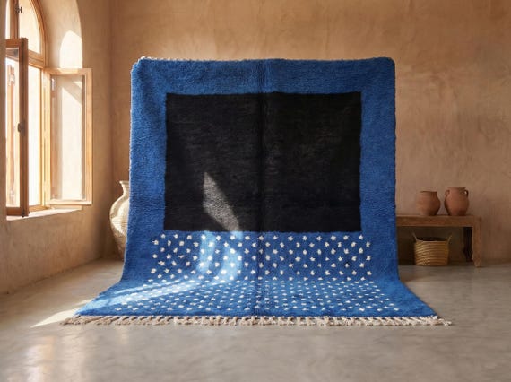 Cobalt Blue Beni Ourain Rug - Handmade Moroccan Wool Rug -  Bold Navy and Blue High Pile Berber Area Rug for Living Room - Afrikesh