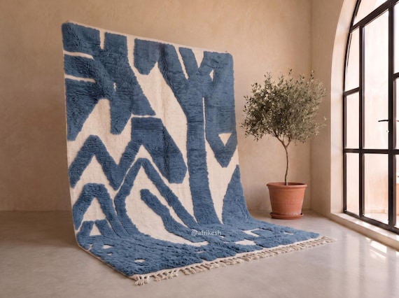 Hand-tufted Smoke Blue & Ivory Rug - Moroccan Beni Ourain Wool Rug - Chic High Pile Berber Area Rug for Living Room | Afrikesh