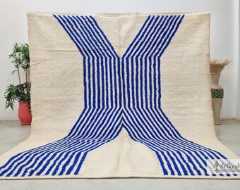 モロッコ　ラグ　ストライプ ストライプ柄のモロッコラグ、青と白のストライプ柄のラグ、8x10