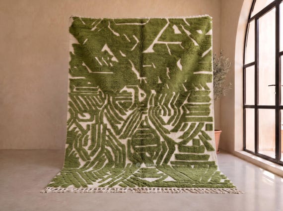 Olive Green and Ivory Maze Beni Ourain Rug - Hand Tufted Moroccan Wool Berber Rug with Abstract Pattern for Living Room | Afrikesh