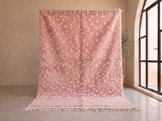 Blush Pink and Ivory Dotted Beni Ourain Rug - Handmade Moroccan Wool Rug - Shaggy Berber Area Rug for Bedroom | Afrikesh