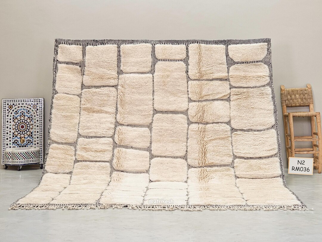 8x9 Rug WHITE MRIRT RUG 8x9, Hand-tufted Moroccan Rug, High Quality Wool Mrirt ...