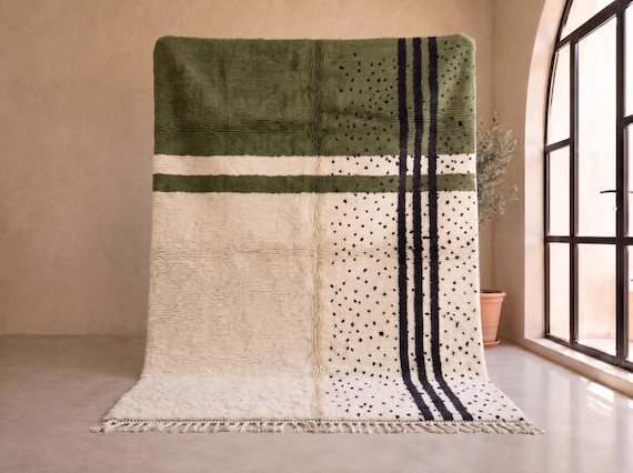 CONTEMPORARY AREA RUG, Handwoven Berber Carpet, Green & White Moroccan Rug, Custom Beni Ourain Rug with Black Dots, Striped Shag Wool Rug.