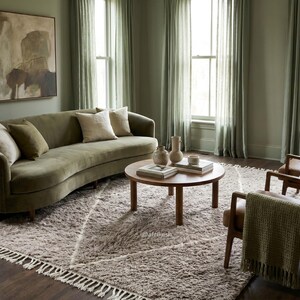 May include: A curved olive green velvet sofa with beige and green scatter cushions, a round wooden coffee table with ceramic vases and books, two brown leather armchairs with a green throw blanket, and a textured beige rug with a diamond pattern.