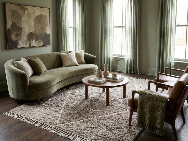 May include: A curved olive green velvet sofa with beige and green scatter cushions, a round wooden coffee table with ceramic vases and books, two brown leather armchairs with a green throw blanket, and a textured beige rug with a diamond pattern.