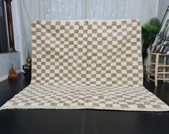 Checkered Beni Ourain Rug, Tribal Area Rug, Woven Rug, Pale Brown Rug, Custom Moroccan Rug, Living Room Decor, Wool Rug, Beige Checkered Rug