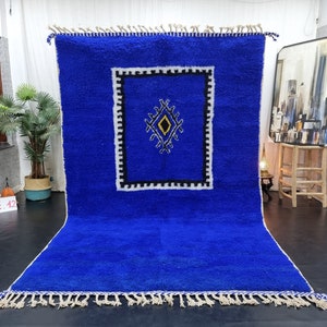 MARVELOUS BENIOURAIN RUG, Geometric Moroccan Rug, Wool Rug, Handmade Soft Rug, Berber Rug, Bright Blue and Black Rug, Moroccan Custom Carpet