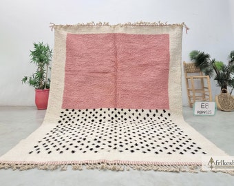 ALFOMBRA BENI OURAIN, alfombra marroquí blanca y rosa, alfombra bereber decorativa de tamaño personalizado, alfombra de área hecha a mano con puntos, alfombra marroquí de lana de alta calidad