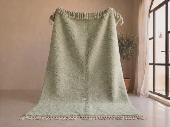 Lush High Pile Beni Ourain Rug - Handmade Moroccan Wool Rug - Sage Green Shaggy Berber Area Rug for Living Room and Bedroom | Afrikesh