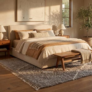 May include: A bedroom featuring a beige upholstered bed with layered cream and tan bedding, a wooden bench at the foot, two wooden nightstands with lamps, a textured grey area rug with fringe, and a potted olive tree in a sunlit room.