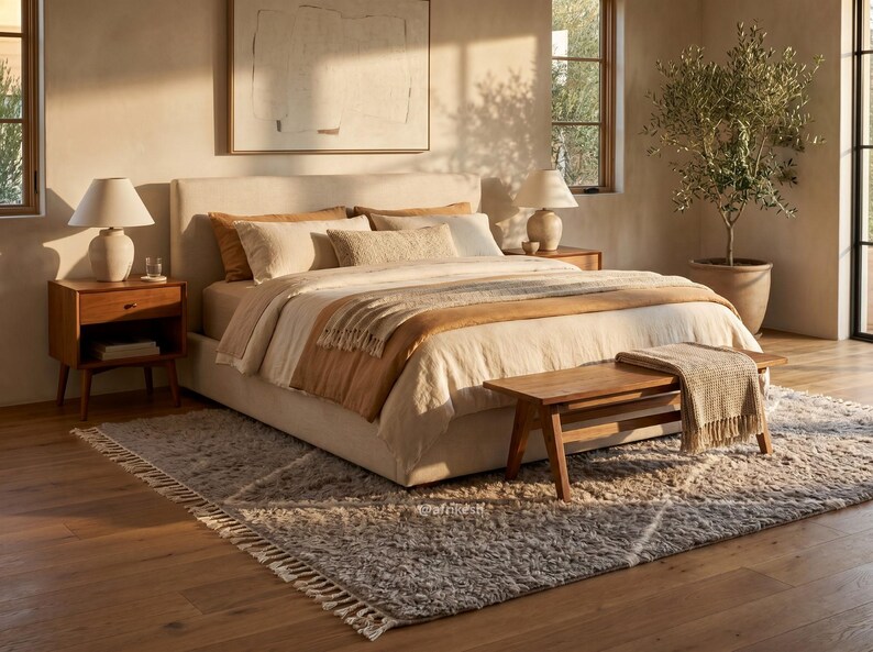 May include: A bedroom featuring a beige upholstered bed with layered cream and tan bedding, a wooden bench at the foot, two wooden nightstands with lamps, a textured grey area rug with fringe, and a potted olive tree in a sunlit room.
