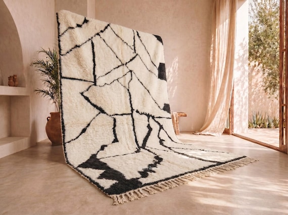 Abstract Black Line Beni Ourain Rug - Handmade Moroccan Wool Rug - Shaggy High Pile Berber Area Rug for Living Room | Afrikesh