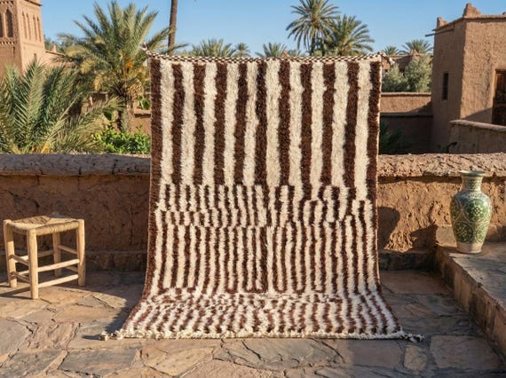 HANDWOVEN WOOL RUG 5x8, Authentic Moroccan Rug, Striped Berber Carpet, White & Brown Shag Rug, Handmade Beni Ourain Rug.