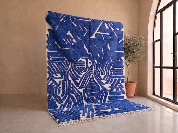 Electric Blue and Ivory Maze Beni Ourain Rug, Hand Tufted Moroccan Wool Berber Rug with Abstract Pattern for Living Room | Afrikesh