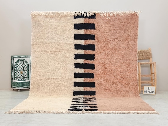 MOROCCAN RUG 7x10, Artistic Beni Ourain Rug, Handmade Berber Rug, Pinkish Tan & White Wool Rug, Abstract Area Rug, Authentic Living Room Rug