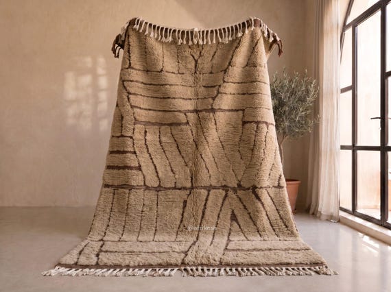 Mocha Brown Beni Ourain Rug - Handmade Moroccan Wool Rug - Chocolate Brown Line Detail Shag Berber Area Rug for Living Room | Afrikesh