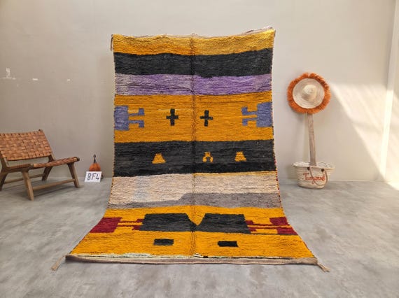 Mustard and Charcoal Boujaad Rug - Handmade Moroccan Wool Rug 5x8ft- Bold Striped Tribal Berber Area Rug for Living Room | Afrikesh