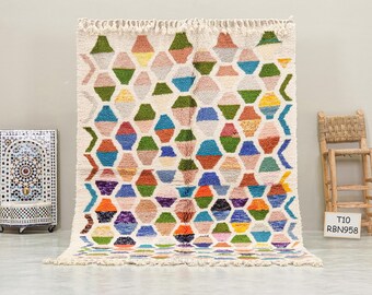 DIAMOND RUG 5x8, Resilient Area Rug, Shag Moroccan Rug, Beni Ourain Rug, Handmade Wool Rug, Muticolor Berber Carpet, Boho Home Accents.