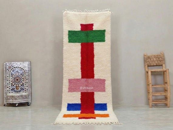 COLORFUL HALLWAY CARPET, Handmade Berber Wool Rug, Abstract Moroccan Runner Rug, White & Red Beni Ourain Rug, Cozy Entyway Decor.