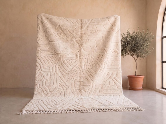 Ivory Tone on Tone Beni Ourain Rug - Carved Abstract Texture Handmade Rug - Moroccan Wool Berber Rug for Living Room | Afrikesh