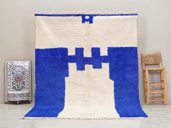 MODERN BERBER CARPET, Handmade Moroccan Rug, Custom Abstract Beni Ourain Design, White & Blue Shag Rug, Artisan Wool Floor Covering.