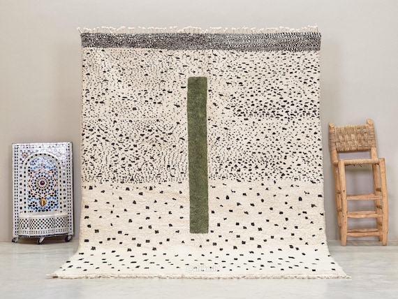 SOFT HANDWOVEN RUG, Custom Moroccan Rug, Authentic Berber Carpet, White & Green Beni Ourain Rug, Wool Rug with Dot Pattern, Timeless Charm.