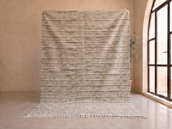 Grey Heathered Striped Kilim Rug - Handmade Moroccan Wool Rug - Ivory Stripe Berber Area Rug for Living Room or Bedroom | Afrikesh