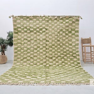 GREEN TUFTED RUG, Moroccan Beni Ourain Rug, Checker Custom Rug, Handmade Wool Rug, Unique Berber carpet to add warmth & beauty to any space.