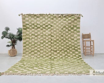 GREEN TUFTED RUG, Moroccan Beni Ourain Rug, Checker Custom Rug, Handmade Wool Rug, Unique Berber carpet to add warmth & beauty to any space.