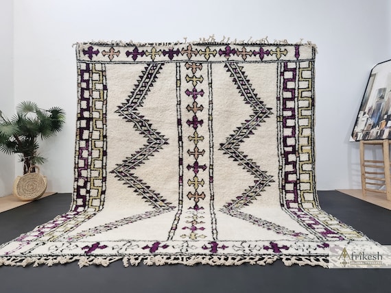 UNIQUE BERBER RUG, Custom White and Purple Moroccan Rug, Handmade Zigzag Boho Rug, Beni Ourain Wool Carpet, Handwoven Area Rug.