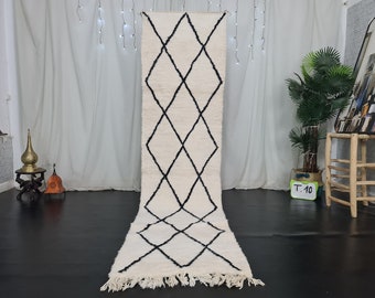 Fabulous Moroccan Rug - Beni Ourain Runner - Sheep Wool Rug - White Runner Rug - Geometric Berber Runner Rug - Handmade Rug  -Tapis Marocain