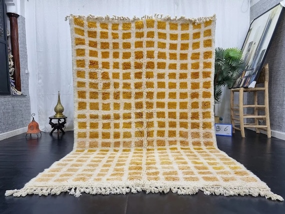 CUSTOM BENIOURAIN RUG, Moroccan Handmade Rug, Sheep Wool Rug, Tribal Grid Rug, Moroccan Berber Area Rug, Orange And Cream Rug, Area Rug