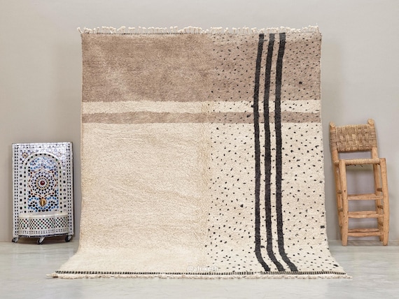CUSTOM SHAG CARPET, Taupe & White Wool Rug, Striped Moroccan Rug, Beni Ourain Floor Covering, Authentic Berber Rug With Black Dots.