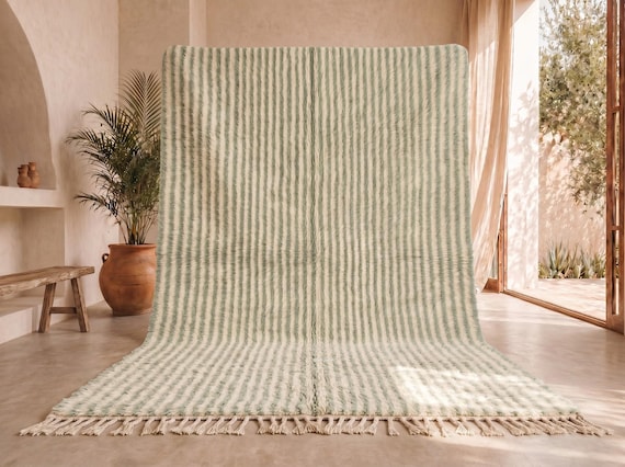 Custom Sage Green Striped Beni Ourain Rug – Handmade Moroccan Wool Area Rug
