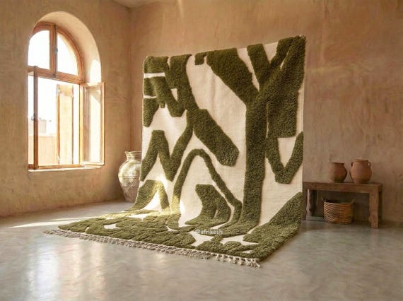 Tufted High Pile Berber Area Rug - Handmade Moroccan Wool Rug - Olive Green Abstract Beni Ourain Rug for Living Room | Afrikesh