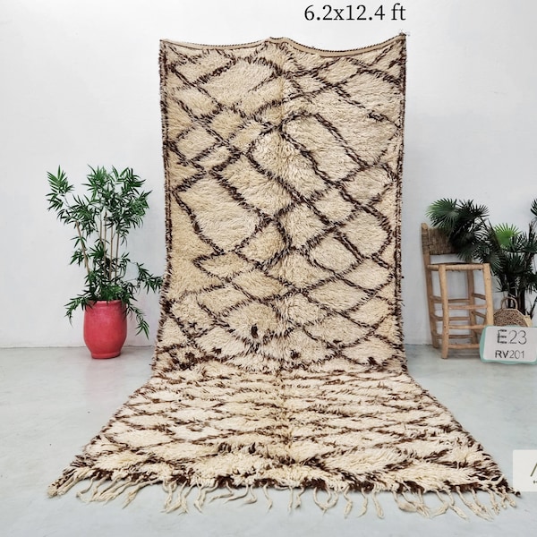 One of a Kind BENI OURAIN RUG 6x12, Boho Knotted Moroccan Rug, Geometric Berber Wool Carpet, Authentic Cream & Brown Rug, Antique Decor