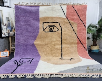 CUTE BENIOURAIN RUG, Custom Carpet, Berber Rug, Moroccan Purple and Beige Rug, Handmade Rug, Abstract Rug, Wool Carpet, Handwoven Area Rug.