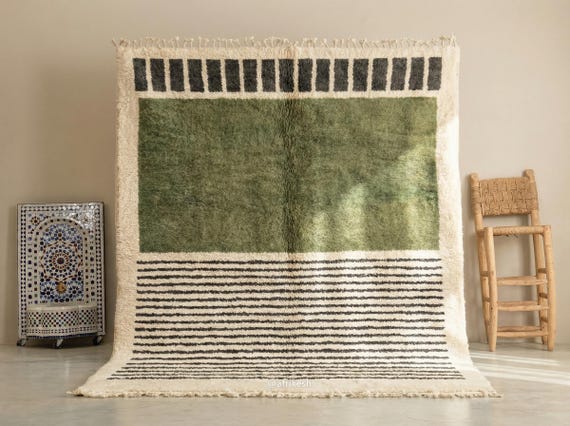 GREEN STRIPED RUG, Custom Size Moroccan Design, Contemporary Beni Ourain Rug, White Background Area Rug, Handmade Wool Berber Green Carpet.