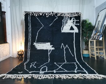 BLACK MOROCCAN RUG, Handmade Beni Ourain Rug, Geometric Pattern Rug, Black Abstract Rug, Berber Area Rug, Bohemian rug, Winter Wool Rug,