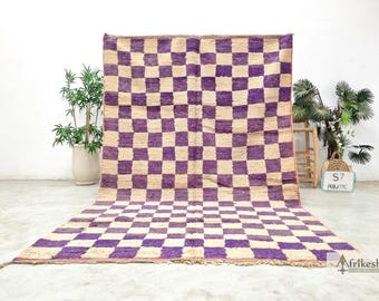 チェック ブジャード ラグ 6x9、ウール モロッコ ラグ、ダーク