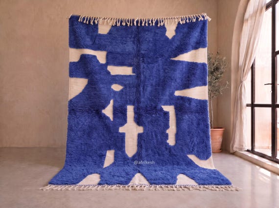 Hand Tufted High Pile Berber Area Rug - Handmade Moroccan Wool Rug - Royal Blue Abstract Beni Ourain Rug for Living Room | Afrikesh