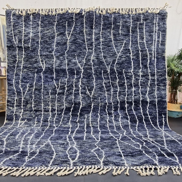 GORGEOUS BENIOURAIN RUG, Moroccan Carpet ,Handmade Rug 8x9, Dark Blue and White Rug, Sheep Wool Rug, Berber Rug, Abstract Rug, Area Rug.