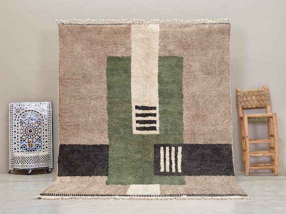 BENI OURAIN DESIGN, Marvelous Berber Carpet, Geometric Moroccan Rug, Handmade Beige & Green Wool Rug, Personalized Fluffy Area Decor.