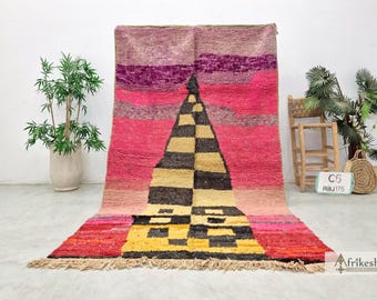 BOUJAAD BERBER CARPET 5x8, Decorative Moroccan Rug, Handmade Boho Area Rug, Abstract Wool Floor Rug, Pink Rug.